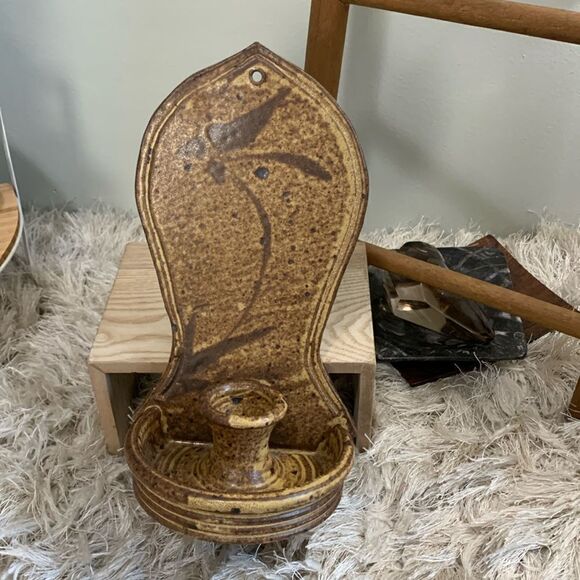 Handmade Artist Signed Stoneware Wall Taper Candle Wall Sconce Studio Pottery - Picture 1 of 17